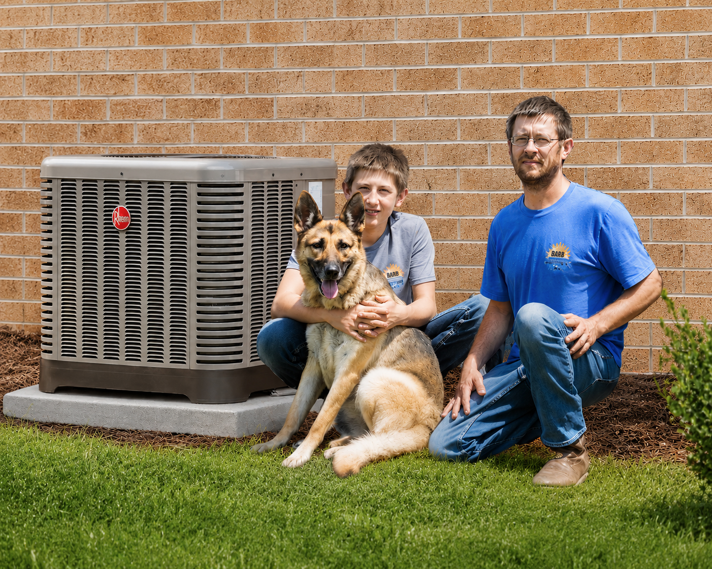 John Barr with his son and dog beside a Rheem AC unit