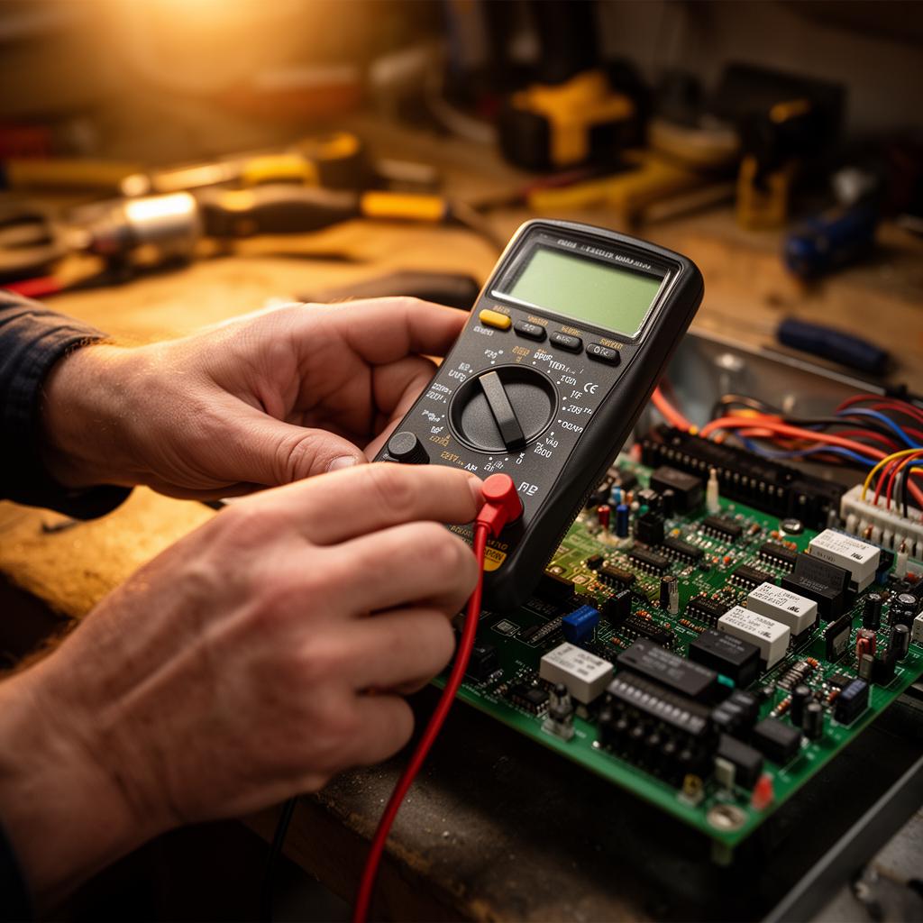 Technician diagnosing an HVAC control board